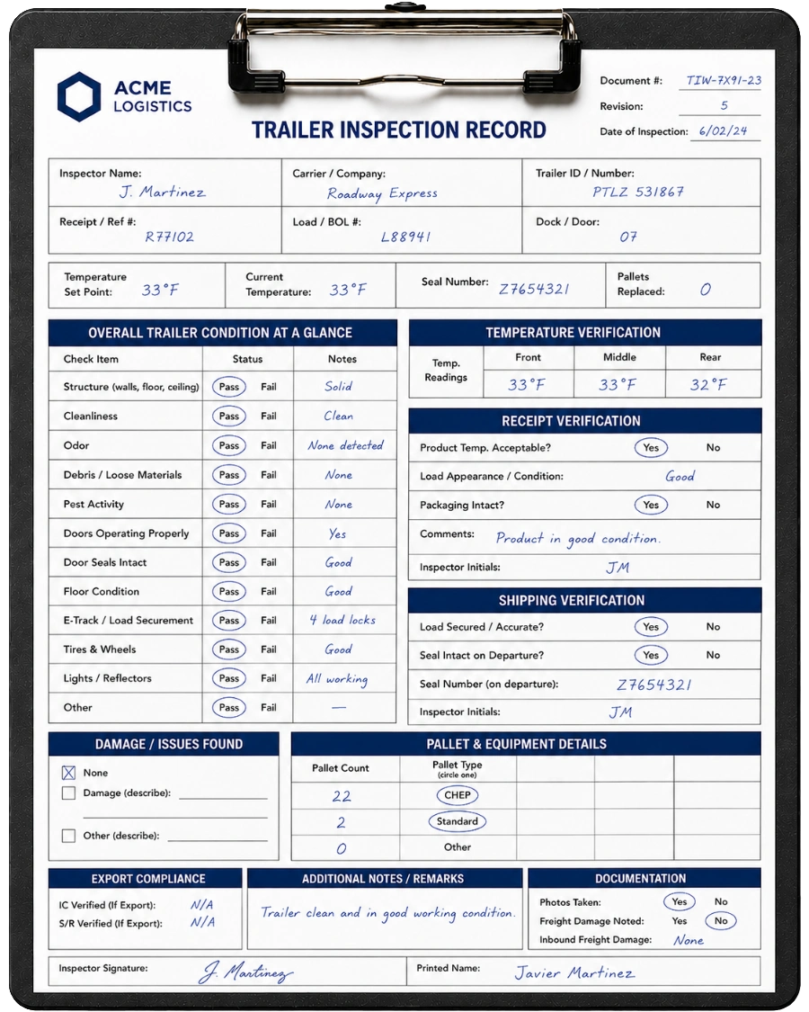 Paper clipboard inspection form